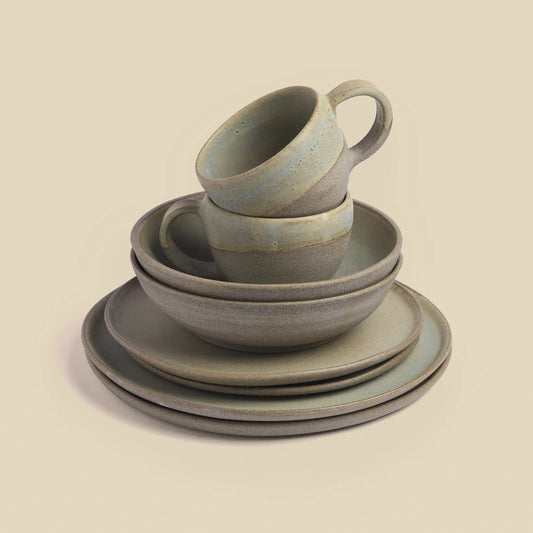 Stone Echo lunch set for two handmade from beige and green clay.