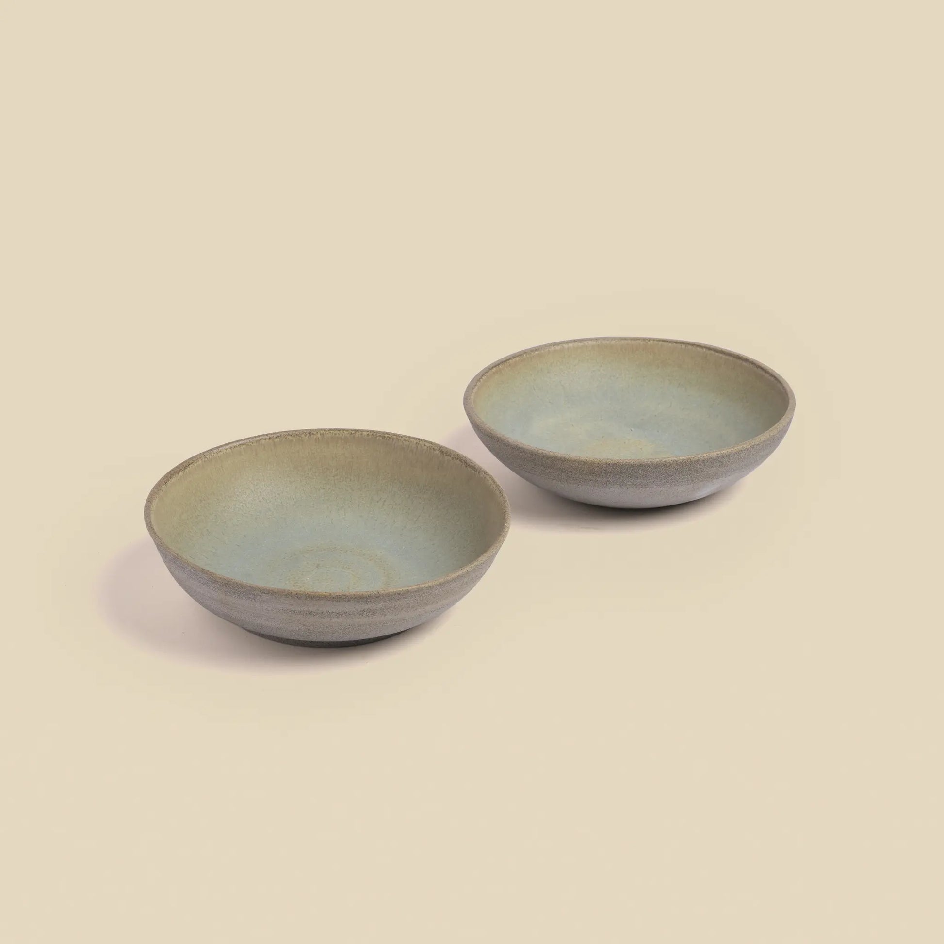 Stone Echo lunch set for two handmade from beige and green clay, soup plates. 