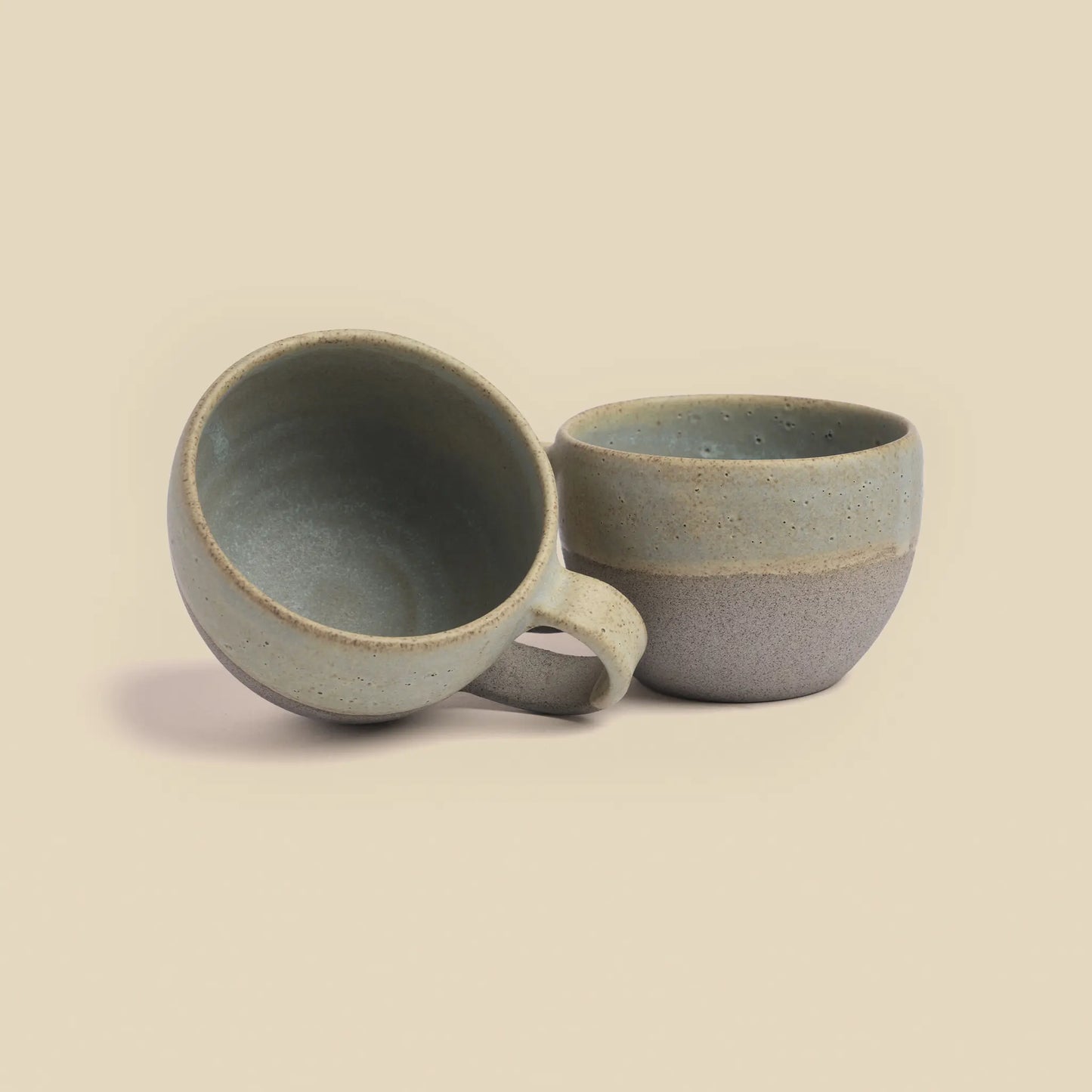 Stone Echo lunch set for two handmade from beige and green clay, cups.